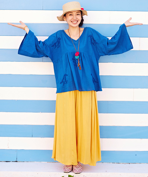 チャイハネ（チャイハネ）の「【チャイハネ】yul 鳥刺繍フレアスリーブトップス（シャツ/ブラウス・レディース・ブルー/ホワイト/イエロー・FREE）」の3枚目の写真