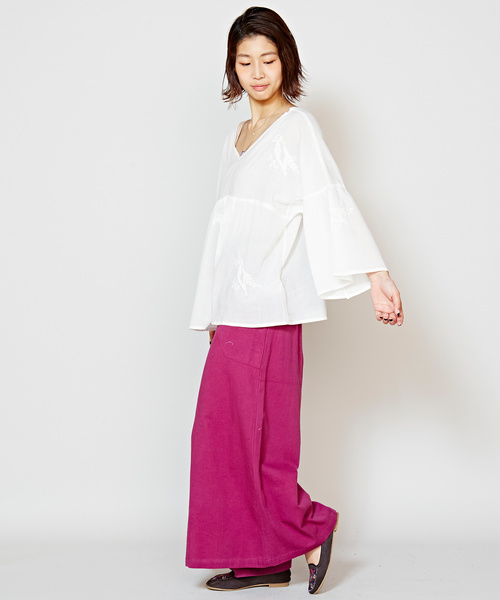 チャイハネ（チャイハネ）の「【チャイハネ】yul 鳥刺繍フレアスリーブトップス（シャツ/ブラウス・レディース・ブルー/ホワイト/イエロー・FREE）」の7枚目の写真