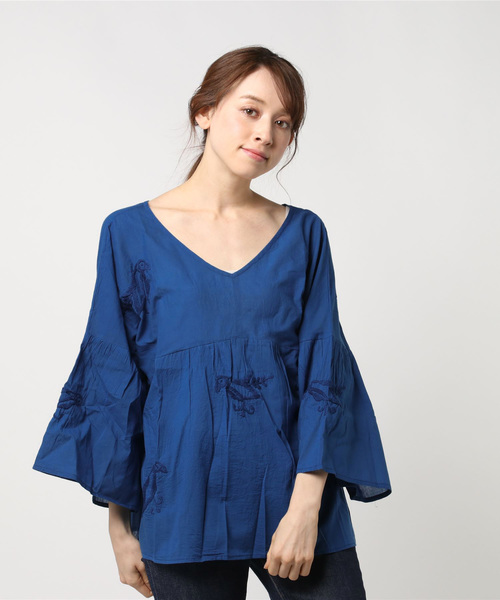 チャイハネ（チャイハネ）の「【チャイハネ】yul 鳥刺繍フレアスリーブトップス（シャツ/ブラウス・レディース・ブルー/ホワイト/イエロー・FREE）」の5枚目の写真