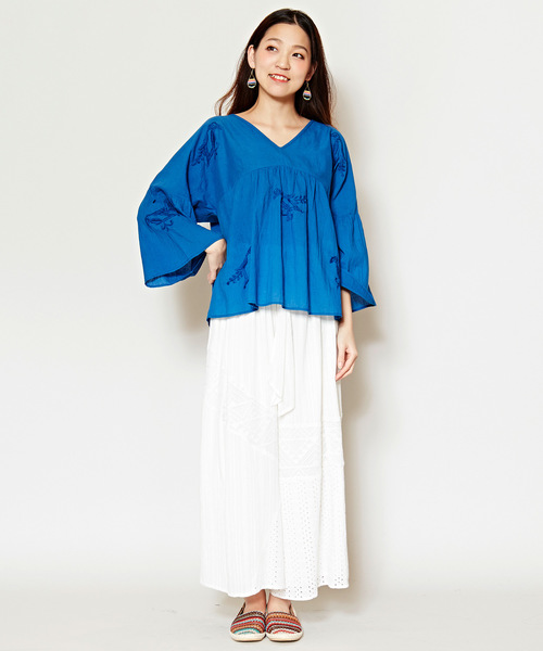 チャイハネ（チャイハネ）の「【チャイハネ】yul 鳥刺繍フレアスリーブトップス（シャツ/ブラウス・レディース・ブルー/ホワイト/イエロー・FREE）」の10枚目の写真