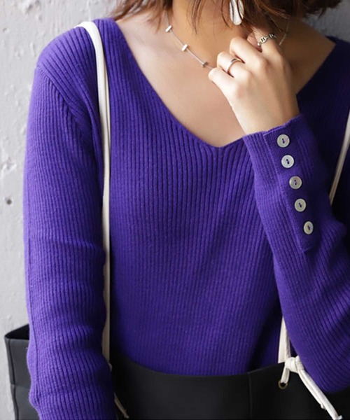 antiqua（アンティカ）の「リブＶネックコットンニット（ニット/セーター・レディース・ブラック/ベージュ/パープル/ネイビー/レッド/オフホワイト/杢グレー/ブルー/ラベンダー・S/M/L）」の7枚目の写真