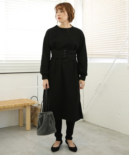 Select Moca セレクトモカ の 裏起毛スウェットワンピース 長袖ミディアム丈ベルト付きもっちりスウェットワンピース ワンピース Wear