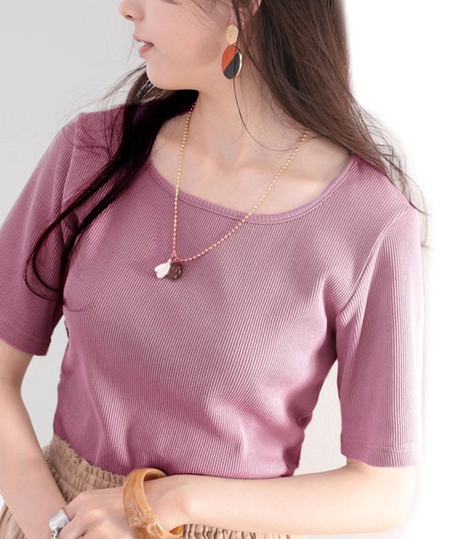 classicalelf（クラシカルエルフ）の「ワイドネックリブカットソー(半袖)（Tシャツ/カットソー・レディース・ブラック/オフホワイト/ベージュ/グレイッシュベージュ/グリーン/パープル/オレンジ・MEDIUM/LARGE/X-LARGE/SMALL）」の6枚目の写真