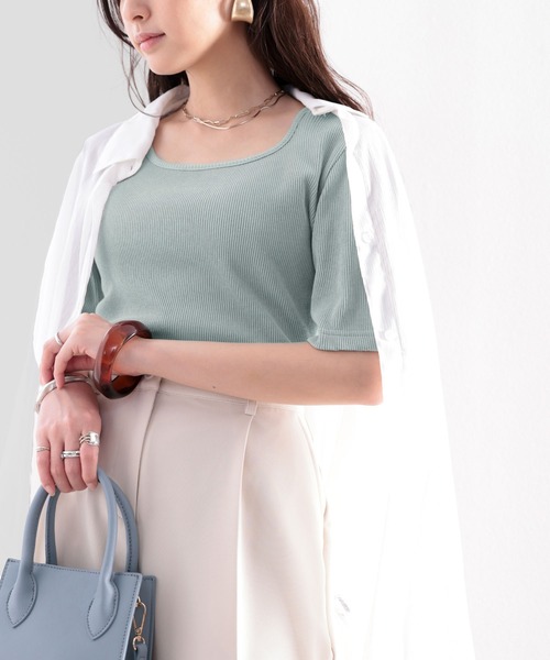 classicalelf（クラシカルエルフ）の「ワイドネックリブカットソー(半袖)（Tシャツ/カットソー・レディース・ブラック/オフホワイト/ベージュ/グレイッシュベージュ/グリーン/パープル/オレンジ・MEDIUM/LARGE/X-LARGE/SMALL）」の8枚目の写真