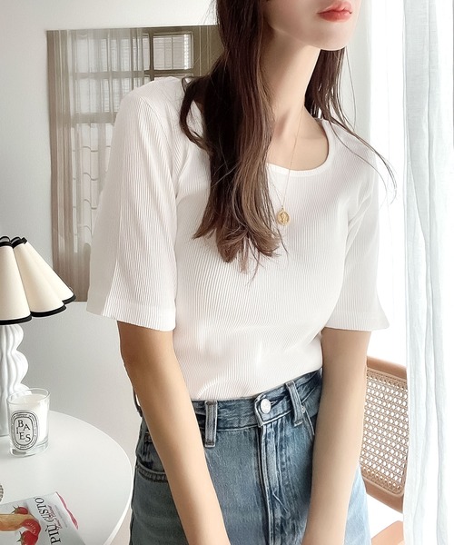 classicalelf（クラシカルエルフ）の「ワイドネックリブカットソー(半袖)（Tシャツ/カットソー・レディース・ブラック/オフホワイト/ベージュ/グレイッシュベージュ/グリーン/パープル/オレンジ・MEDIUM/LARGE/X-LARGE/SMALL）」の12枚目の写真