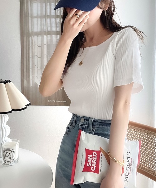 classicalelf（クラシカルエルフ）の「ワイドネックリブカットソー(半袖)（Tシャツ/カットソー・レディース・ブラック/オフホワイト/ベージュ/グレイッシュベージュ/グリーン/パープル/オレンジ・MEDIUM/LARGE/X-LARGE/SMALL）」の11枚目の写真