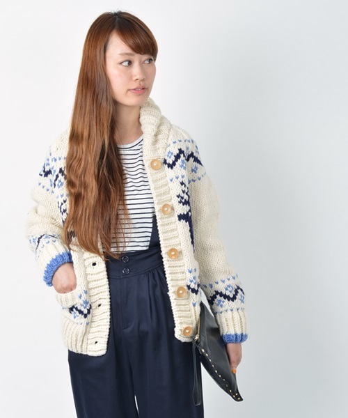 Khaju（カージュ）の「Khaju:ペルージャカードカーディガン□（カーディガン/ボレロ・レディース・オフホワイト/ネイビー・ONE SIZE）」の7枚目の写真