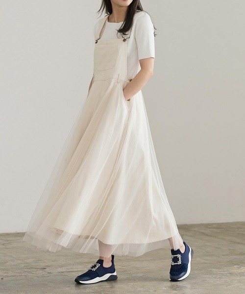 KOBE LETTUCE(コウベレタス)の「チュールドッキングデニムフレアジャンスカワンピース(ワンピース・レディース・ブラック/インディゴブルー/ホワイト系その他/ベージュ/ネイビー/カーキ/ホワイト系その他2/ブルー系その他/ブラック系その他/ブルー系/ブルー系1/カーキ系・FREE/ショート)」の3枚目の写真