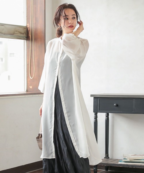 KOBE LETTUCE（コウベレタス）の「[ 選べる2丈 ]ショート・ロング丈　バンドカラーシアーシャツ（シャツ/ブラウス・レディース・オフホワイト/パープル系その他/グリーン系その他/ブラウン/ホワイト系その他/パープル系その他2/グリーン系その他2/ブラウン系その他・1/2）」の4枚目の写真