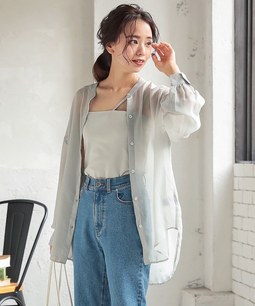 KOBE LETTUCE（コウベレタス）の「[ 選べる2丈 ]ショート・ロング丈　バンドカラーシアーシャツ（シャツ/ブラウス・レディース・オフホワイト/パープル系その他/グリーン系その他/ブラウン/ホワイト系その他/パープル系その他2/グリーン系その他2/ブラウン系その他・1/2）」の5枚目の写真