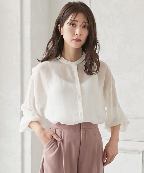 KOBE LETTUCE（コウベレタス）の「[ 選べる2丈 ]ショート・ロング丈　バンドカラーシアーシャツ（シャツ/ブラウス・レディース・オフホワイト/パープル系その他/グリーン系その他/ブラウン/ホワイト系その他/パープル系その他2/グリーン系その他2/ブラウン系その他・1/2）」の3枚目の写真