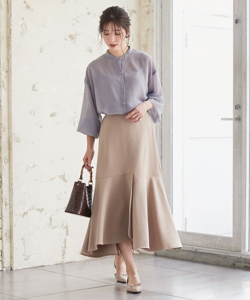 KOBE LETTUCE（コウベレタス）の「[ 選べる2丈 ]ショート・ロング丈　バンドカラーシアーシャツ（シャツ/ブラウス・レディース・オフホワイト/パープル系その他/グリーン系その他/ブラウン/ホワイト系その他/パープル系その他2/グリーン系その他2/ブラウン系その他・1/2）」の10枚目の写真