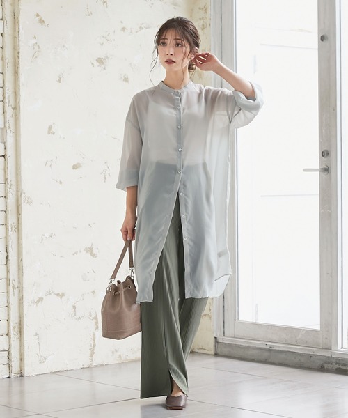 KOBE LETTUCE（コウベレタス）の「[ 選べる2丈 ]ショート・ロング丈　バンドカラーシアーシャツ（シャツ/ブラウス・レディース・オフホワイト/パープル系その他/グリーン系その他/ブラウン/ホワイト系その他/パープル系その他2/グリーン系その他2/ブラウン系その他・1/2）」の14枚目の写真