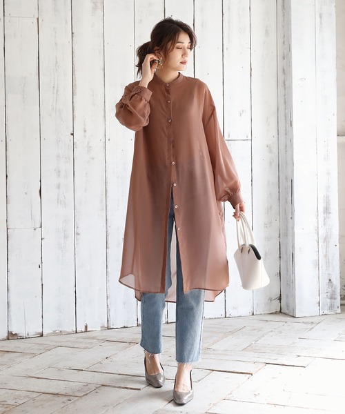 KOBE LETTUCE（コウベレタス）の「[ 選べる2丈 ]ショート・ロング丈　バンドカラーシアーシャツ（シャツ/ブラウス・レディース・オフホワイト/パープル系その他/グリーン系その他/ブラウン/ホワイト系その他/パープル系その他2/グリーン系その他2/ブラウン系その他・1/2）」の12枚目の写真