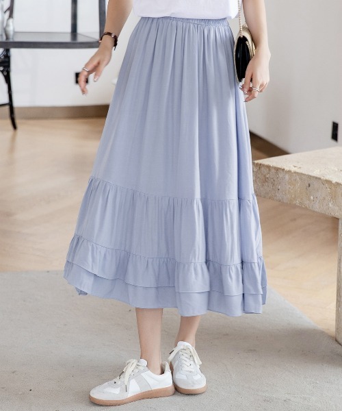 DAY CLOSET(デイ クローゼット)の「レディース ミモレ丈きれいめティアードスカート(スカート・レディース・ブラック/ホワイト/パープル/サックスブルー/カーキ/ネイビー・ONE SIZE)」の6枚目の写真