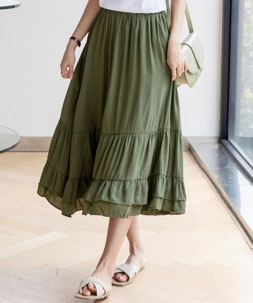 DAY CLOSET(デイ クローゼット)の「レディース ミモレ丈きれいめティアードスカート(スカート・レディース・ブラック/ホワイト/パープル/サックスブルー/カーキ/ネイビー・ONE SIZE)」の8枚目の写真