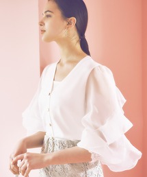 RUIRUE BOUTIQUE（ルイルエブティック）の「洗えるフリルオーガンジースリーブニットカーティガン（カーディガン/ボレロ・レディース）」