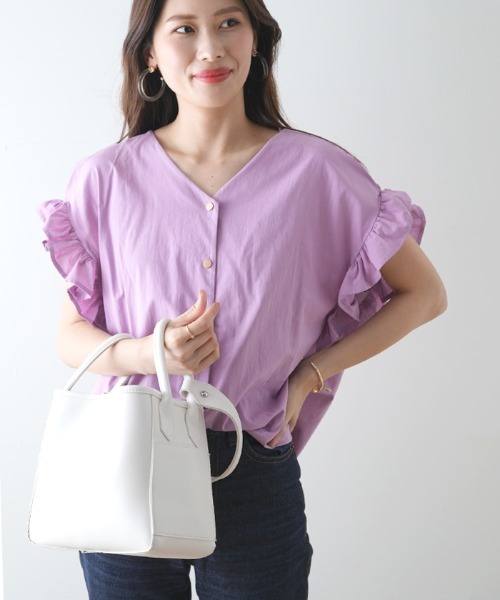 Futier land（フューティアランド）の「フリル袖Ｖネックブラウス（シャツ/ブラウス・レディース・ホワイト/グリーン系その他/ラベンダー/オレンジ/ブラック/ライトベージュ/ピンク・FREE）」の9枚目の写真