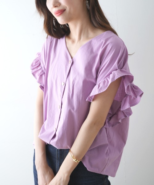 Futier land（フューティアランド）の「フリル袖Ｖネックブラウス（シャツ/ブラウス・レディース・ホワイト/グリーン系その他/ラベンダー/オレンジ/ブラック/ライトベージュ/ピンク・FREE）」の13枚目の写真