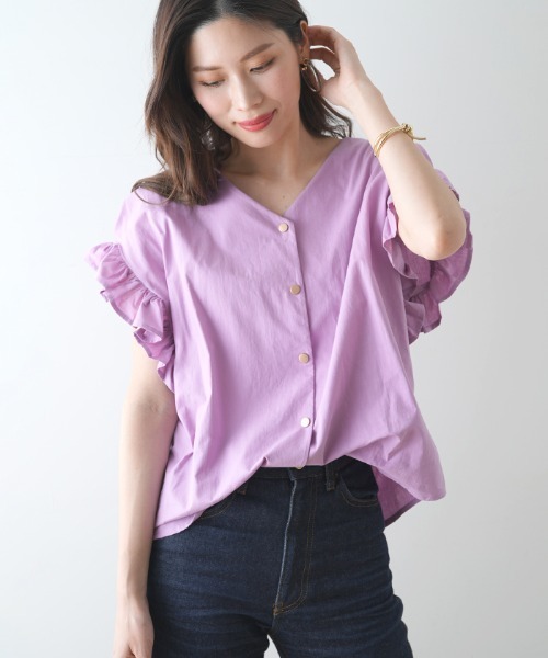 Futier land（フューティアランド）の「フリル袖Ｖネックブラウス（シャツ/ブラウス・レディース・ホワイト/グリーン系その他/ラベンダー/オレンジ/ブラック/ライトベージュ/ピンク・FREE）」の14枚目の写真