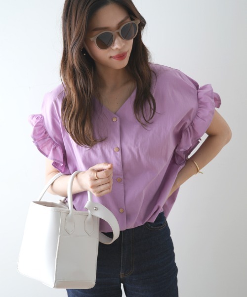 Futier land（フューティアランド）の「フリル袖Ｖネックブラウス（シャツ/ブラウス・レディース・ホワイト/グリーン系その他/ラベンダー/オレンジ/ブラック/ライトベージュ/ピンク・FREE）」の15枚目の写真