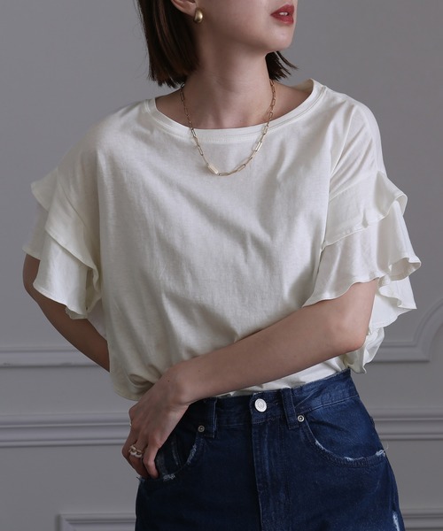 ElegChic(エレグシック)の「ダブルフリルスリーブトップス(Tシャツ/カットソー・レディース・カーキ/ホワイト/ピンクベージュ/ブラック・XL/4L/M)」の1枚目の写真