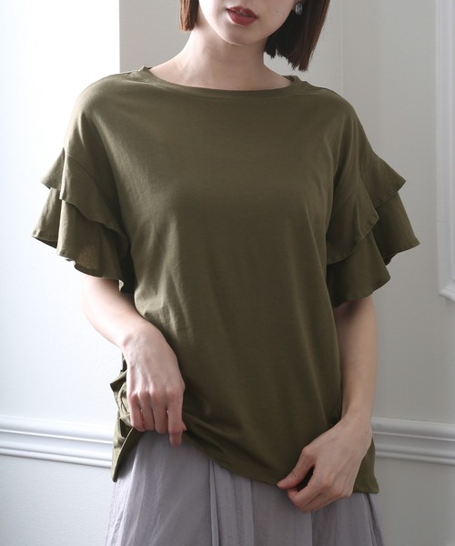 ElegChic(エレグシック)の「ダブルフリルスリーブトップス(Tシャツ/カットソー・レディース・カーキ/ホワイト/ピンクベージュ/ブラック・XL/4L/M)」の3枚目の写真