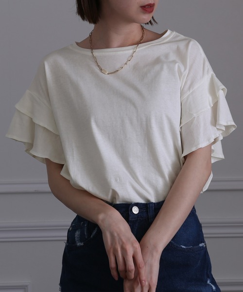 ElegChic(エレグシック)の「ダブルフリルスリーブトップス(Tシャツ/カットソー・レディース・カーキ/ホワイト/ピンクベージュ/ブラック・XL/4L/M)」の16枚目の写真