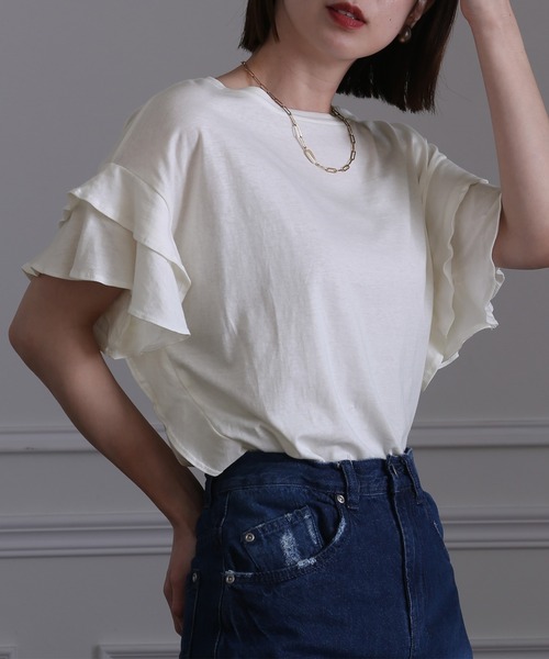 ElegChic(エレグシック)の「ダブルフリルスリーブトップス(Tシャツ/カットソー・レディース・カーキ/ホワイト/ピンクベージュ/ブラック・XL/4L/M)」の14枚目の写真