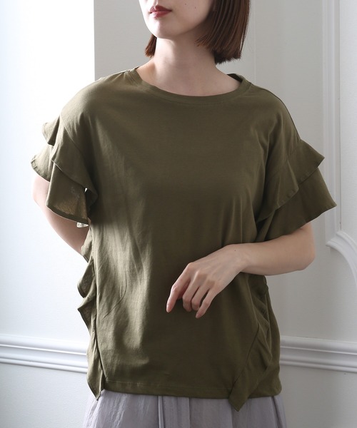 ElegChic(エレグシック)の「ダブルフリルスリーブトップス(Tシャツ/カットソー・レディース・カーキ/ホワイト/ピンクベージュ/ブラック・XL/4L/M)」の22枚目の写真