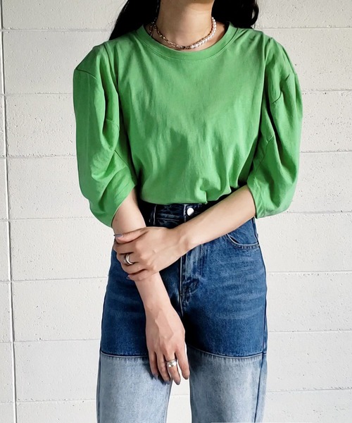 me+em select（ミームセレクト）の「ボリュームスリーブカラートップス【数量限定販売】（Tシャツ/カットソー・レディース・ブラック/パープル/グリーン・FREE）」の13枚目の写真