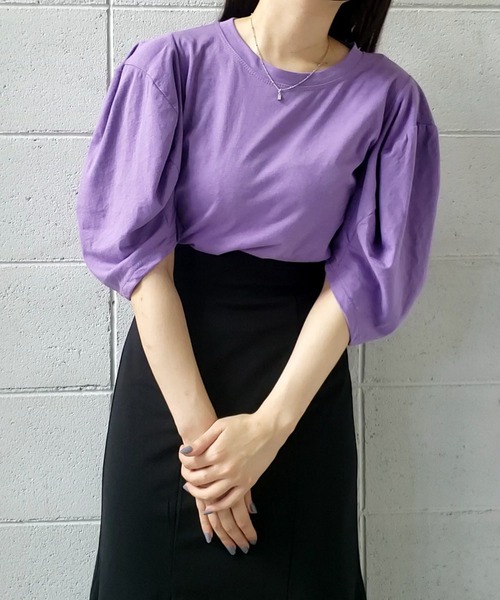 me+em select（ミームセレクト）の「ボリュームスリーブカラートップス【数量限定販売】（Tシャツ/カットソー・レディース・ブラック/パープル/グリーン・FREE）」の14枚目の写真