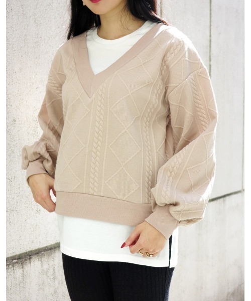 LiSeek（リシーク）の「【LiSeeK】膨れジャガードドッキングＴＯＰ（ニット/セーター・レディース・ライトブラウン/ベージュ/ブラック・FREE）」の3枚目の写真
