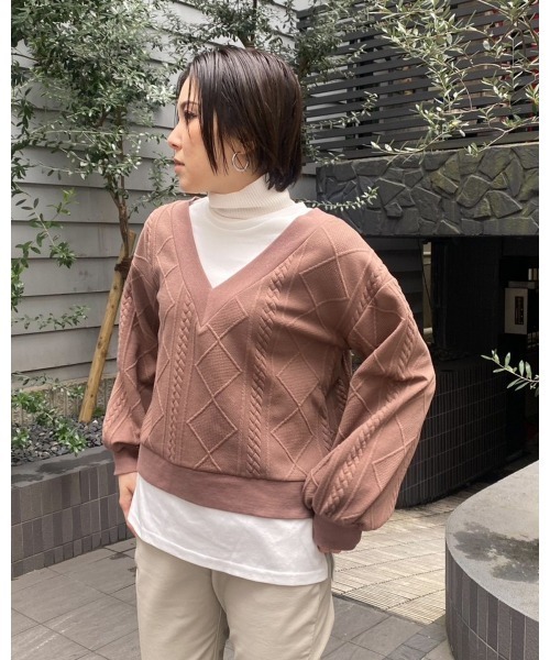 LiSeek（リシーク）の「【LiSeeK】膨れジャガードドッキングＴＯＰ（ニット/セーター・レディース・ライトブラウン/ベージュ/ブラック・FREE）」の2枚目の写真