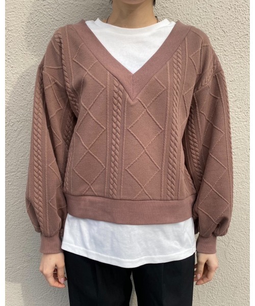 LiSeek（リシーク）の「【LiSeeK】膨れジャガードドッキングＴＯＰ（ニット/セーター・レディース・ライトブラウン/ベージュ/ブラック・FREE）」の7枚目の写真