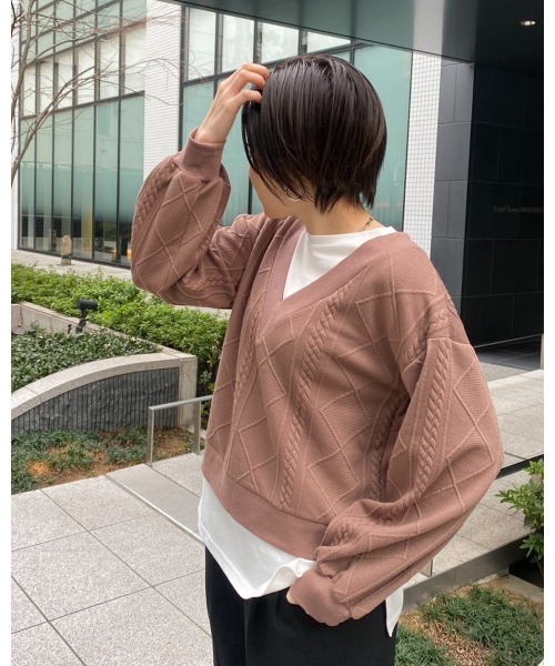 LiSeek（リシーク）の「【LiSeeK】膨れジャガードドッキングＴＯＰ（ニット/セーター・レディース・ライトブラウン/ベージュ/ブラック・FREE）」の11枚目の写真