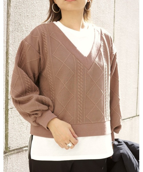 LiSeek（リシーク）の「【LiSeeK】膨れジャガードドッキングＴＯＰ（ニット/セーター・レディース・ライトブラウン/ベージュ/ブラック・FREE）」の4枚目の写真