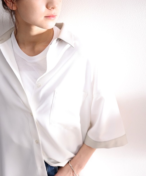 classicalelf(クラシカルエルフ)の「メンズっぽに”きゅん”。バイカラー半袖オーバークレリックシャツ(シャツ/ブラウス)」|ホワイト