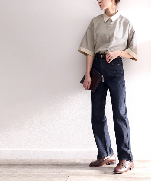 classicalelf(クラシカルエルフ)の「メンズっぽに”きゅん”。バイカラー半袖オーバークレリックシャツ(シャツ/ブラウス・レディース・ホワイト/ライトグレー/ブラック・SMALL/MEDIUM/LARGE/X-LARGE)」の7枚目の写真