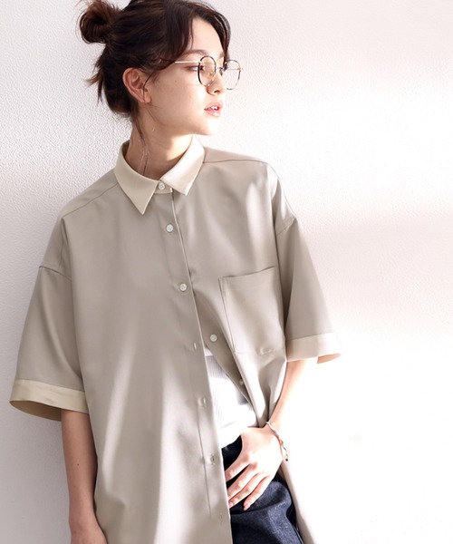 classicalelf(クラシカルエルフ)の「メンズっぽに”きゅん”。バイカラー半袖オーバークレリックシャツ(シャツ/ブラウス・レディース・ホワイト/ライトグレー/ブラック・SMALL/MEDIUM/LARGE/X-LARGE)」の6枚目の写真