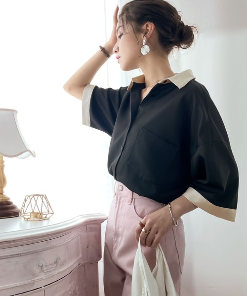 classicalelf(クラシカルエルフ)の「メンズっぽに”きゅん”。バイカラー半袖オーバークレリックシャツ(シャツ/ブラウス・レディース・ホワイト/ライトグレー/ブラック・SMALL/MEDIUM/LARGE/X-LARGE)」の17枚目の写真