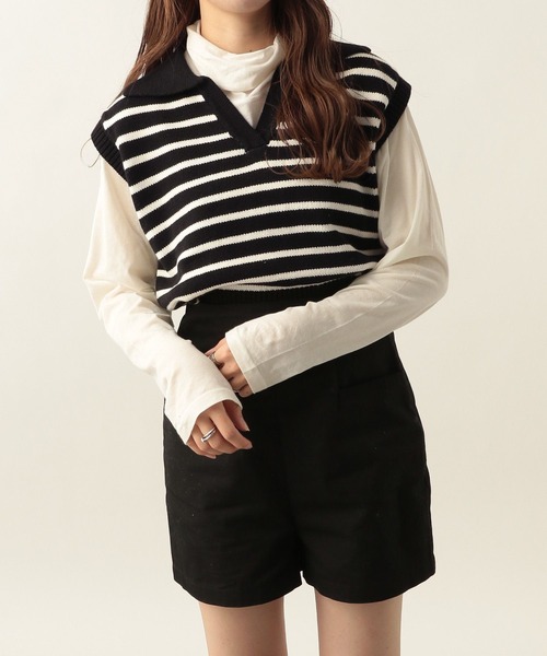 Heather(ヘザー)の「キーネックコンパクトベスト 271821(ベスト・レディース・オフホワイト/ブラック×ホワイト/ブルー・FREE)」の3枚目の写真