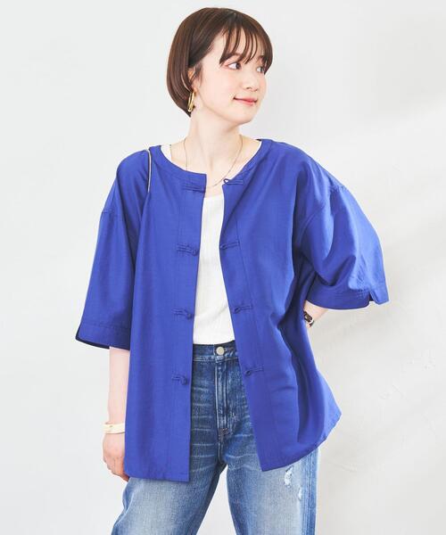 coen（コーエン）の「ヴィンテージ加工チャイナブラウス（シャツ/ブラウス・レディース・ロイヤルブルー/ライム・L/M）」の13枚目の写真