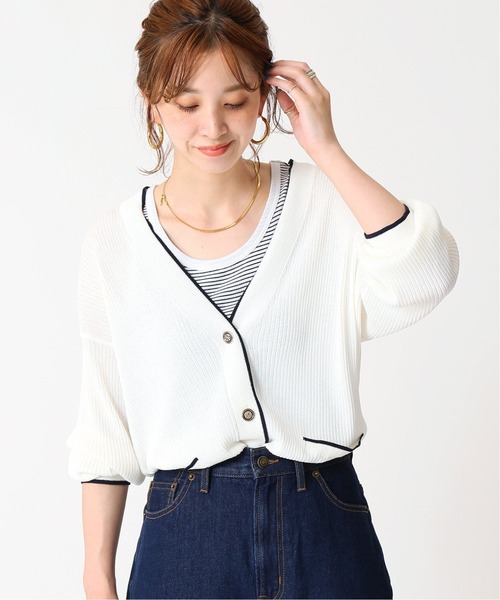 B.C STOCK（ベーセーストック）の「ラインVネックカーディガン（カーディガン/ボレロ・レディース・ホワイト/ブラック/グリーン・FREE）」の4枚目の写真