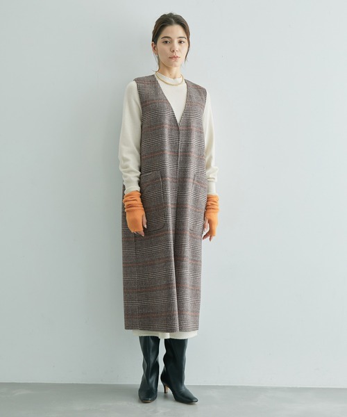 ROPE'（ロペ）の「【一部直営店舗・WEB限定】【2点セット】ジレ＋ボレロ  チェック柄リバーシブルコート（チェスターコート・レディース・ダークブラウン/ブラック・36/38）」の8枚目の写真