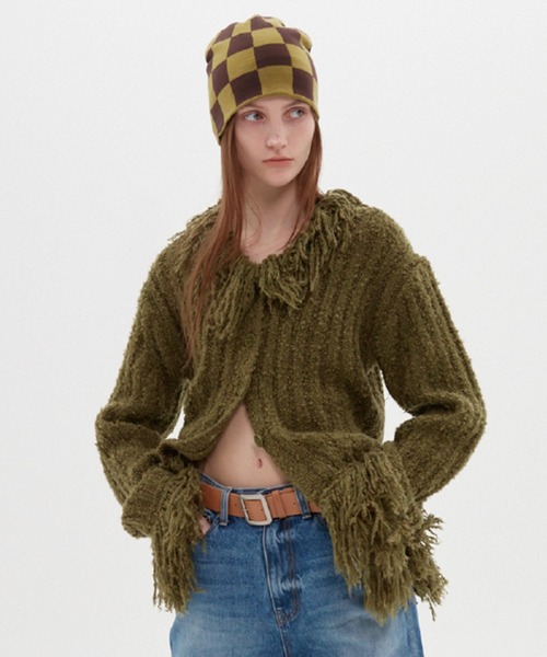 TheOpen Product(ザオープンプロダクト)の「THE OPEN PRODUCT /ザオープンプロダクト/ FRINGE DETAIL CARDIGAN GTO214KT005(ニット/セーター・レディース・ダークグレー/グリーン・1)」の9枚目の写真