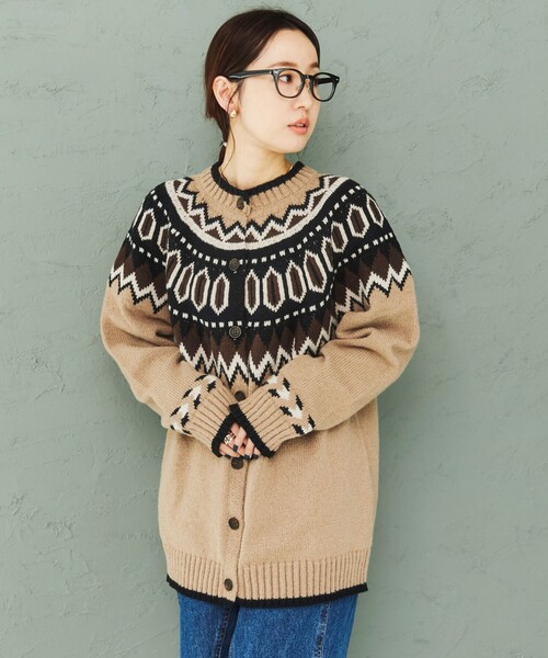 FEELING MADE（フィーリングメイド）の「FEELING MADE ノルディック パターン ニットカーディガン <UNISEX>（カーディガン/ボレロ・レディース・ブラック/ベージュ・FREE）」の7枚目の写真