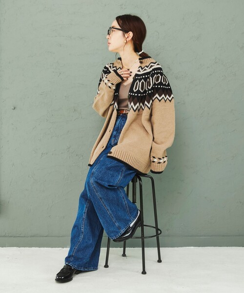 FEELING MADE（フィーリングメイド）の「FEELING MADE ノルディック パターン ニットカーディガン <UNISEX>（カーディガン/ボレロ・レディース・ブラック/ベージュ・FREE）」の9枚目の写真