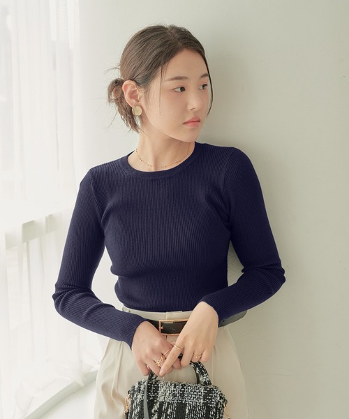 CHAN ME（チャンミ）の「クルーネックリブニット（ニット/セーター・レディース・アイボリー/ブラック/ブルー/ベージュ/ピンク/ブラウン/ライトグレー/ワイン/グリーン/ネイビー・MEDIUM/LARGE/X-LARGE/XX-LARGE）」の7枚目の写真