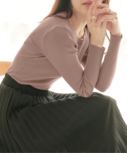 CHAN ME（チャンミ）の「クルーネックリブニット（ニット/セーター・レディース・アイボリー/ブラック/ブルー/ベージュ/ピンク/ブラウン/ライトグレー/ワイン/グリーン/ネイビー・MEDIUM/LARGE/X-LARGE/XX-LARGE）」の19枚目の写真